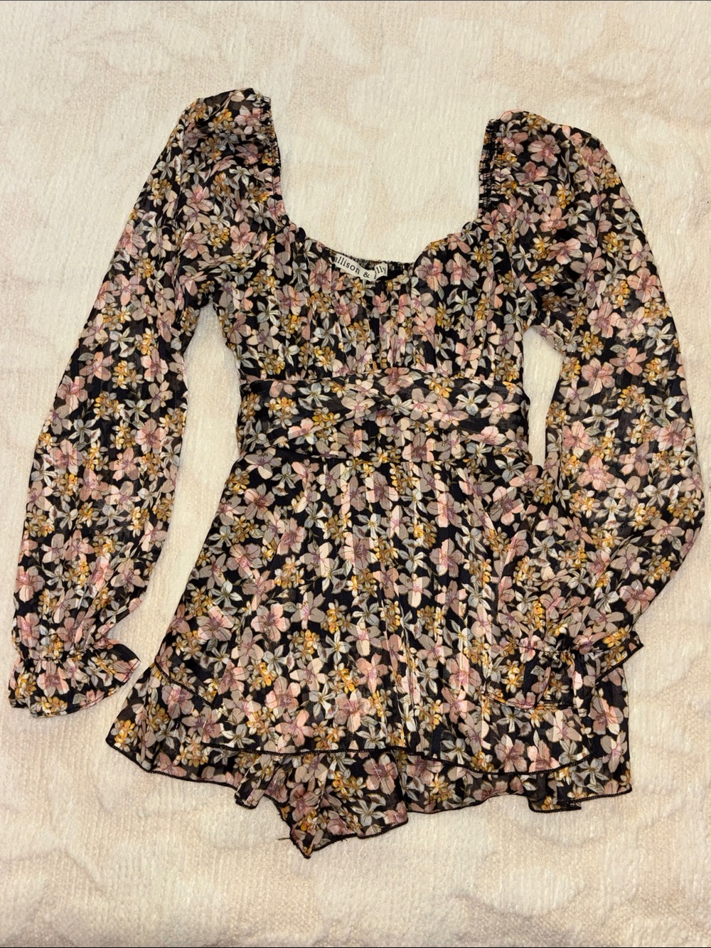 Floral Square-Neck Long Sleeve Romper - Black with Pink & Yellow Flowers